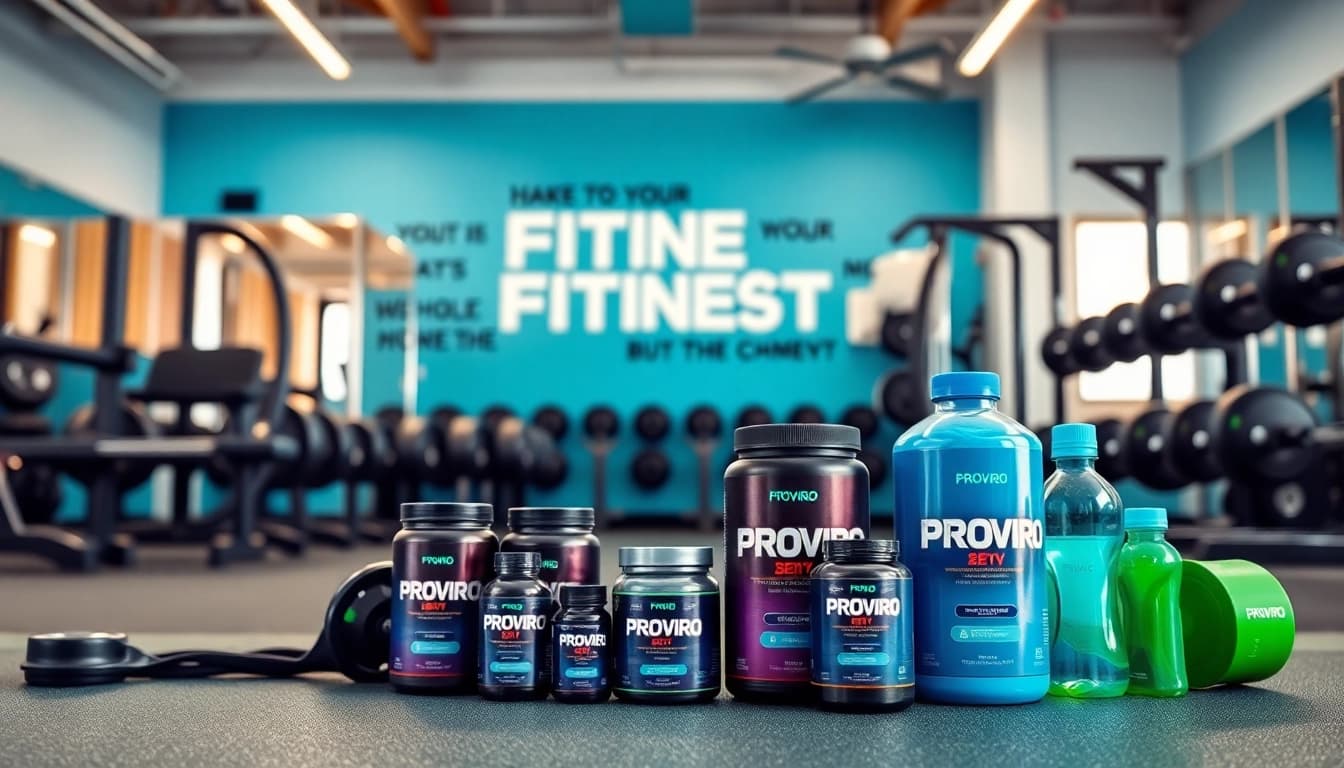 Proviron kaufen: Fitnessprodukte in einem modernen Fitnessstudio mit motivierenden Elementen.