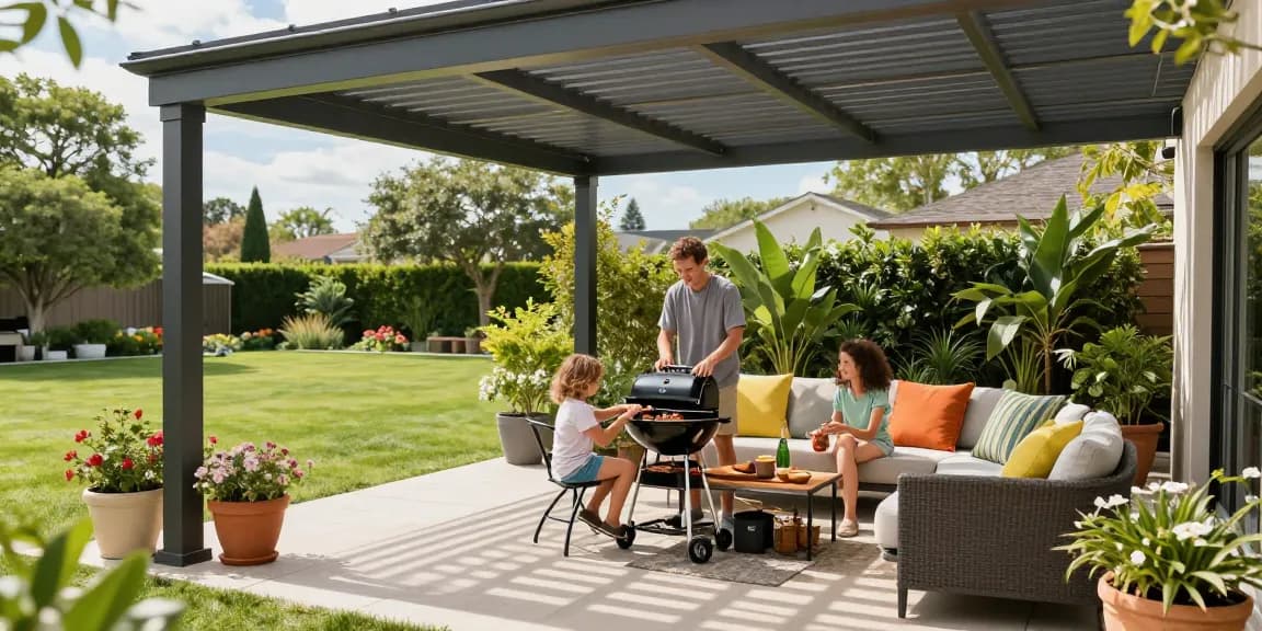 Terrassenüberdachung freistehend im Garten mit Familie beim Grillen