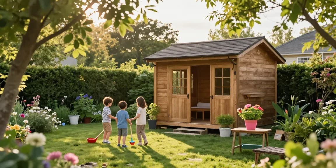 Hochwertiges Garten Haus in einem blühenden Garten mit spielenden Kindern.