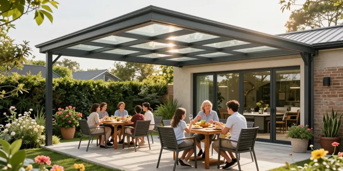 Terrassenüberdachung aus Aluminium, Familie genießt Essen im Garten