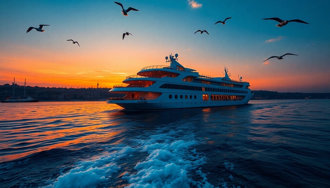 Genießen Sie unvergessliche Istanbul Bosphorus cruises mit einem malerischen Blick auf die Stadt bei Sonnenuntergang.
